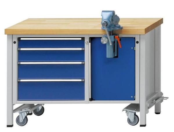 ANKE mobiele werkbank; Rijden middelen; 1270x700mm; Beuk massieve plaat; Plaat randbescherming; Links 4 laden Rechter bankschroefcompartiment