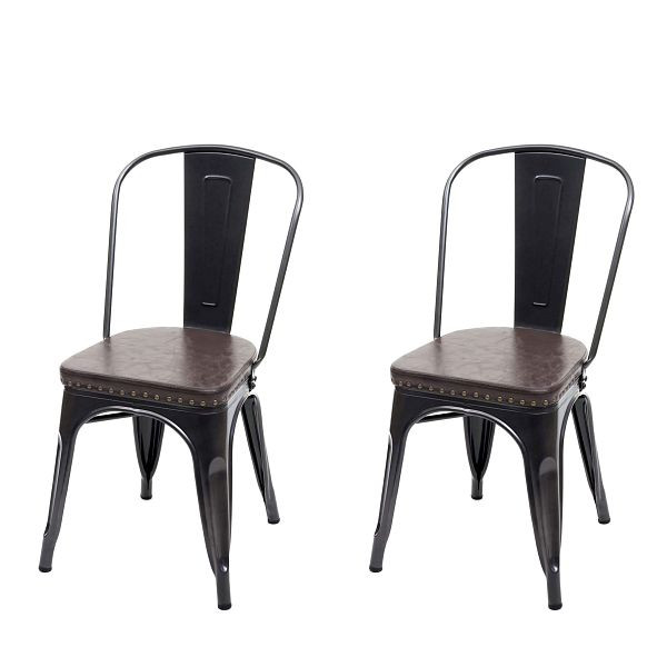 Mendler set van 2 eetkamerstoelen HWC-H10e, keukenstoel Chesterfield metaal kunstleer industriële gastronomie, zwartbruin, 72447