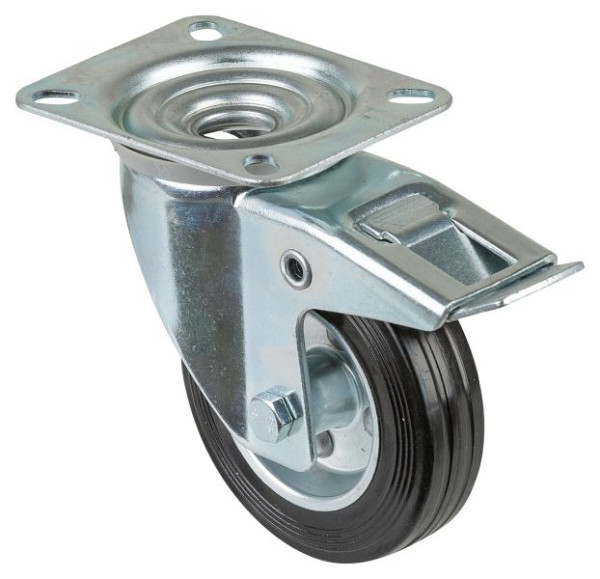 BS rollen transportrol met rem, breedte 30 mm, Ø100 mm, tot 100 kg, zwart rubber, rollager, plaat, VE = 2 stuks, L420.B58.100