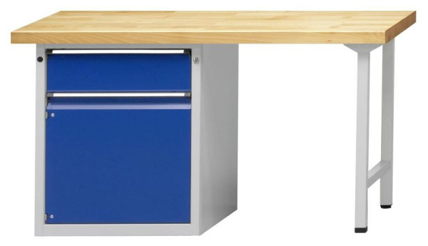 ANKE combinatie werkbank; 1500x700 mm; RAL 7035/5010; Linker plintkast 660x615 mm, 1 lade 180 mm; 1 deur 540 mm