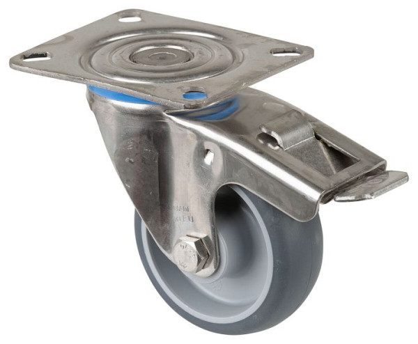 BS rollen RVS transportrol met rem, B30 mm, Ø80 mm, tot 60 kg, thermoplast grijze banden, glijlager, plaat, H120.B43.080