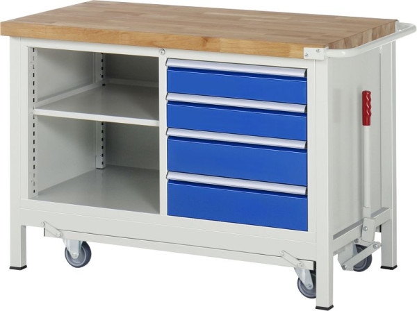 RAU neerlaatbare werkbank 8000 - model 8463, B1250xD700xH880mm, dubbele onderbouw bak, links: plank, rechts: 2xH120 2xH150mm, 05-8463A2-127B4F.11