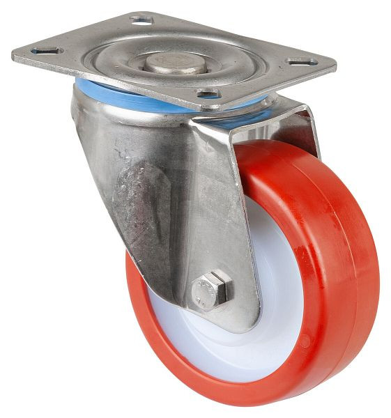 BS rollen RVS zwaarlastrol, breedte 40 mm, Ø100 mm, tot 300 kg, rood polyurethaan loopvlak, kunststof behuizing, RVS rollager, HS100.B28.100