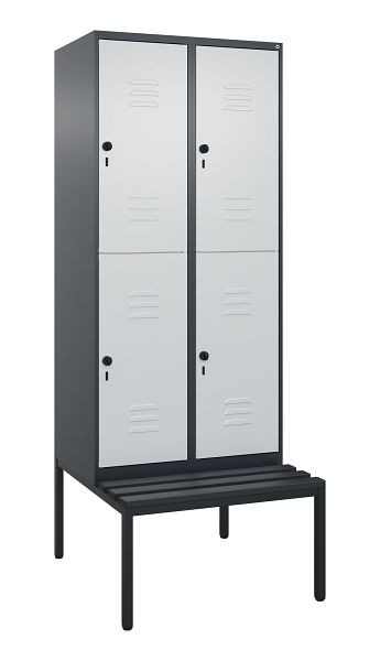 C+P Doppelstöckiger Spind Classic PLUS, 2 Abteile, 2120x800x815mm, 7016/7035, Drehriegel, mit untergebauter Sitzbank, 0803507-22 S10118