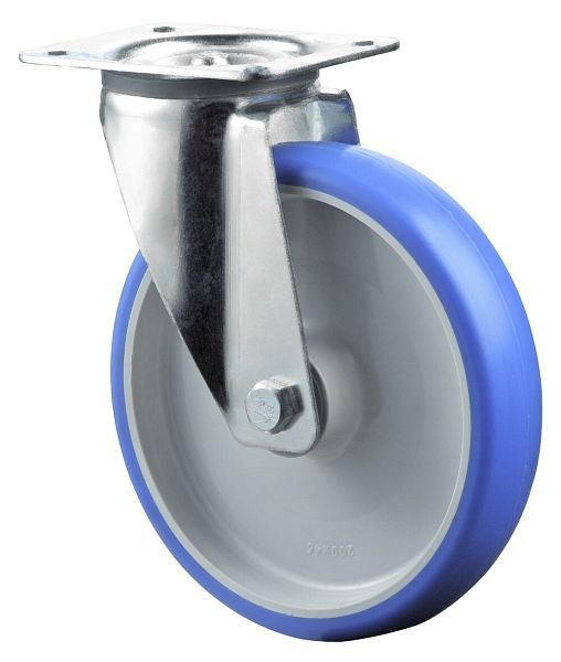 BS rollen transportrol, breedte 32 mm, Ø125 mm, tot 150 kg, loopvlak polyurethaan blauw, wiellichaam kunststof, rollager, plaat, L400.B36.125