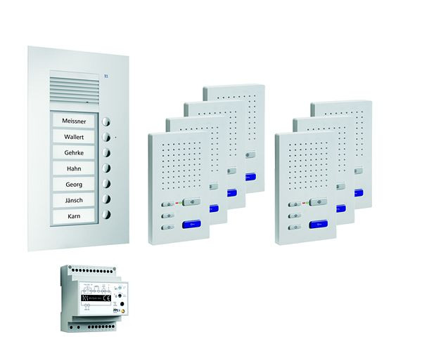 TCS deurbedieningssysteem audio: pack UP voor 7 wooneenheden, met buitenstation PUK 7 belknoppen, 7x handsfree luidspreker ISW3030, bedieningseenheid BVS20, PPUF07-EN / 02