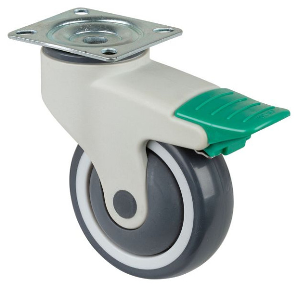 BS-rollen Kunststofrol met richt-/blokkeerinrichting, B32 mm, Ø100 mm, tot 100 kg, grijs rubberen oppervlak, kunststof behuizing, kogellager, C130.A82.100