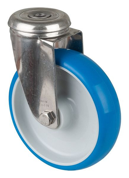BS rollen RVS transportrol, breedte 39 mm, Ø125 mm, tot 130 kg, loopvlak polyurethaan blauw, wiellichaam kunststof, glijlager, H101.B32.125