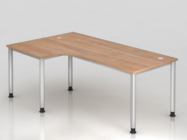 Hammerbacher hoektafel 4 voet rond 200x120cm 90° walnoot/zilver, hoekvorm 90°, links of rechts te monteren, VHS82/N/S