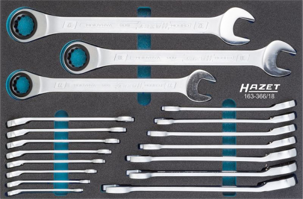 Hazet ringratelsleutelset, uitwendig dubbel zeskant trekprofiel, 8 - 32, aantal gereedschappen: 18, 163-366/18