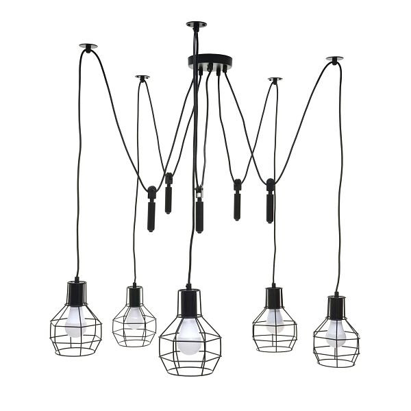 Mendler hanglamp HWC-H85, hanglamp hanglamp, industrieel metaal in hoogte verstelbaar zwart, 5x rooster lampenkap, 74195