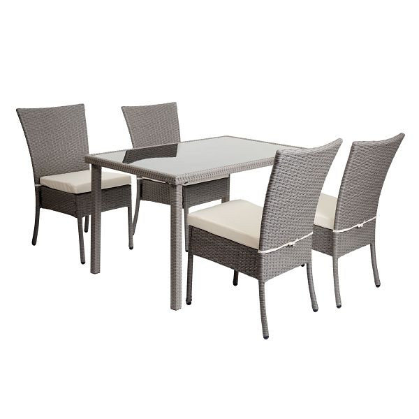 Mendler poly rotan set HWC-G19, zitgroep balkon/lounge set, 4xstoel+tafel, 120x75cm, grijs, kussen creme, 2x97139+97137