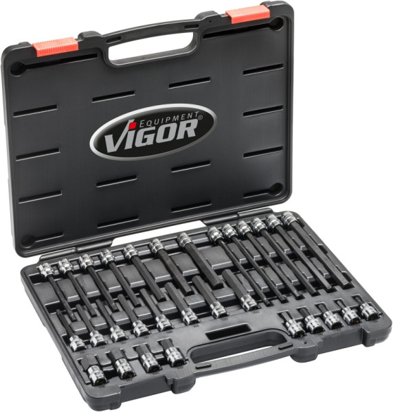 VIGOR binnenzeskant schroevendraaier bitset, hol vierkant 10 mm (3/8 inch), binnenzeskant profiel, 5 - 19, aantal gereedschappen: 30, V6019