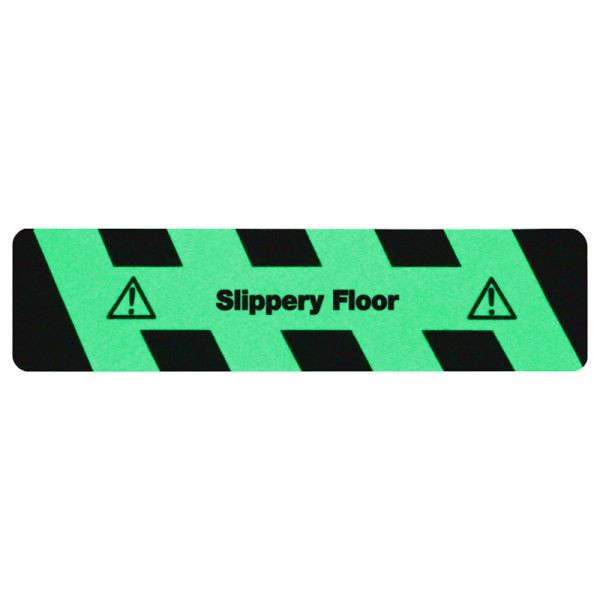m2 antislipbekleding lichtgevend zwart/groen met tekst "Slippery Floor" strepen 150x610mm, M1X1E150610