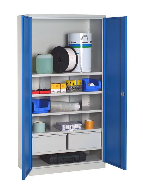 SOFAME ingerichte werkplaatskast B 1000 x D 500 x H 1950 mm, met 2 laden (B445XH210) + 5 planken, lichtgrijs RAL 7035, W030090032GCGC
