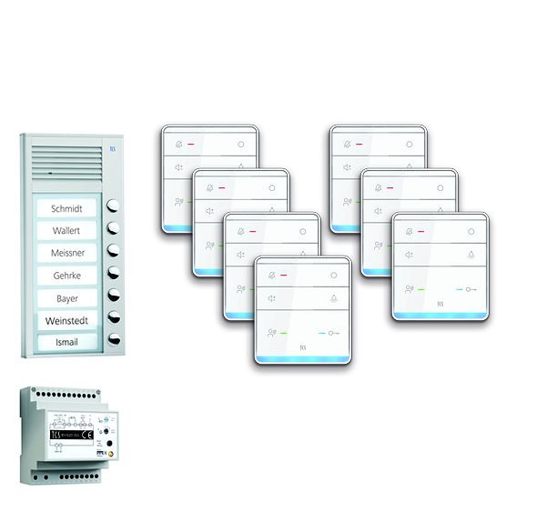 TCS deurbediening audio: pack AP voor 7 woonunits, met buitenstation PAK 7 belknoppen, 7x handsfree luidspreker ISW5010, bedieningsunit BVS20, PPAF07-EN / 01