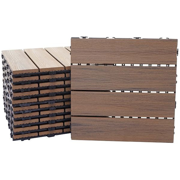 Mendler WPC vloertegel HWC-E20, houtlook balkon/terras, 3D-structuur lineair, 11x elk 30x30cm = 1m2, gestempeld bruin, 65171