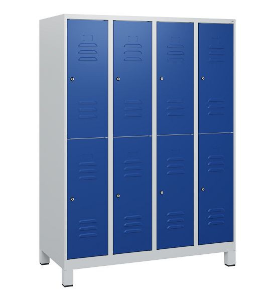 C+P Doppelstöckiger Spind Classic PLUS, Füße, 4 Abteile, 1630x1200x500mm, 7035/5010, Zylinderschlösser, 0803105-40 S10033