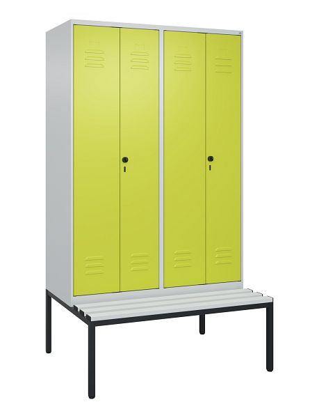 C+P luierkluis Classic PLUS, dubbele locker, 4 vakken, 2120x1200x815mm, 7035/0024, draaigrendel, met bank eronder, 0800527-40P S10040