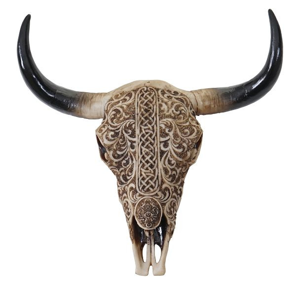 Mendler decoratie schedel 31cm HWC-C15, polyresin longhorn kop trofee met tribal, binnen/buiten, 60931