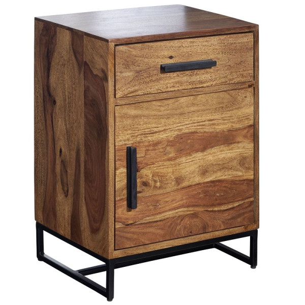 Wohnling nachtkastje Sheesham massief hout/metaal 45x35x65 cm nachtkastje boxspringbed, design nachtconsole met lade en deur, WL6.716