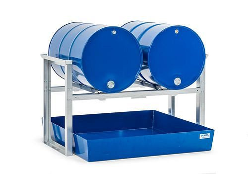 DENIOS vatenrek voor 2 vaten van elk 200 liter, met stalen bak, 1429 x 1210 x 837 mm, 291-782