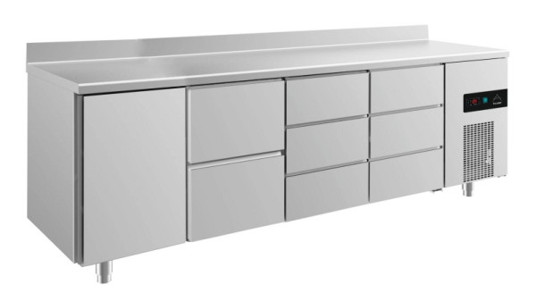 A&S Polarny koeltafel -2 tot +8°C met deur links, twee laden links midden en 2x drie laden, 2330 x 700 x 850 mm, met opstand, KT4TZDDA