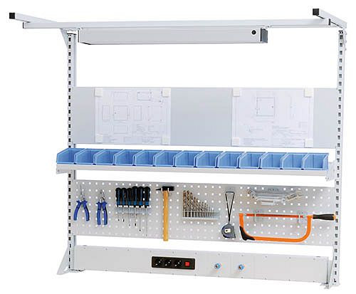 Bedrunka + Hirth meerwandige opbouw werklijn met bovenframe, 1x energiekanaal, 1x geperforeerde wand, 1x magneetwand, 1x legplank, 1500 x 750 x 1250 mm, 03.9001520WL