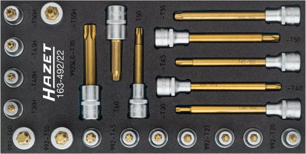 Hazet schroevendraaierdopset, TORX®, hol vierkant 12,5 mm, binnen TORX® profiel, sabotagebestendig TORX® profiel, T20 - T70, 163-492/22