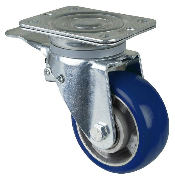 BS Rollen zwaarlastwiel zwenkwiel met rem, polyurethaan wiel 83 Shore, aluminium velg, kogellager, plaat, diameter: 125 mm, N120.B92.125
