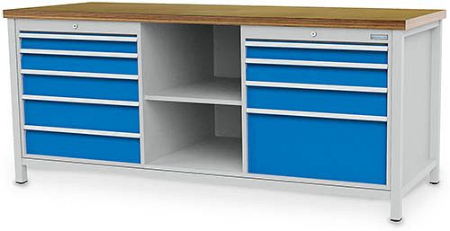 Bedrunka + Hirth box werkbank serie 2000 R24-24, 2x75, 2x100, 2x125, 2x150, 1x300mm, lade volledig uittrekbaar 100%, 2000 x 750 x 859 mm, 03.20.11V
