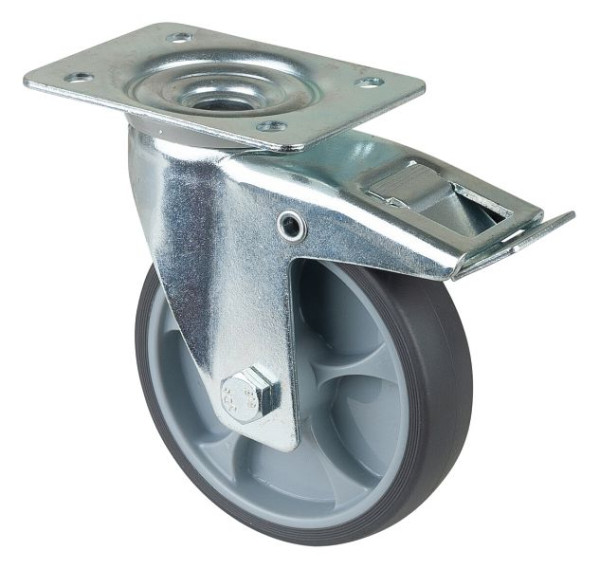 BS rollen transportrol met rem, B32 mm, Ø125 mm, tot 120 kg, grijze thermoplastische banden, kunststof behuizing, rollager, plaat, LS420.B44.126
