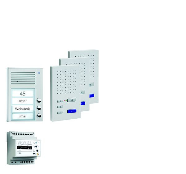 TCS deurbedieningssysteem audio: pack AP voor 3 wooneenheden, met buitenpost PAK 3 belknoppen, 3x handsfree luidspreker ISW3030, bedieningseenheid BVS20, PPAF03-EN / 02