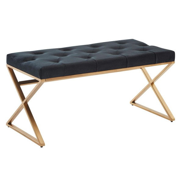 Wohnling bank fluweel zwart 90x46x44 cm hal gestoffeerde bank met metalen frame, bedbank slaapkamer Chesterfield design, poten: kruis, WL6.617