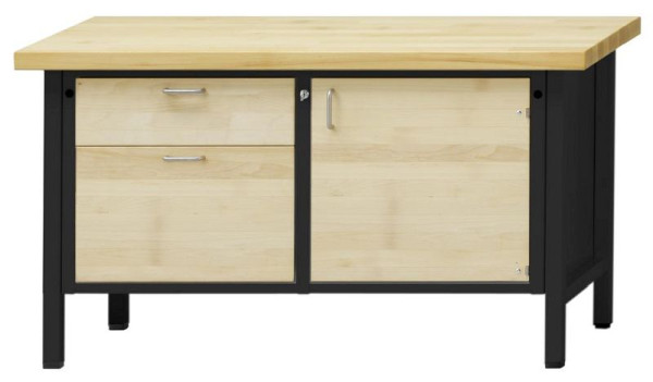 ANKE kastwerkbank; 1500x700 mm; RAL 7016 / natuurlijk gewaxt beuken; Beuk massieve plaat; Links 2 laden 180, 360 mm; Rechts 1 deur 540 mm