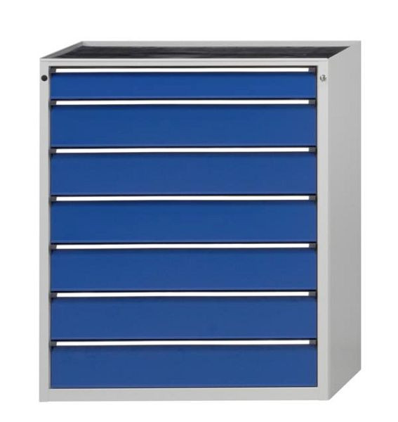 ANKE gereedschapskast; 1065 x 700 x 1320 mm; RAL 7035/5010; Massief beuken blad 40 mm; 7 laden 120, 180, 180, 180, 180, 180, 180 mm, 610.501