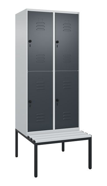 C+P Doppelstöckiger Spind Classic PLUS, 2 Abteile, 2120x800x815mm, 7035/7016, Drehriegel, mit untergebauter Sitzbank, 0803507-22 S10113