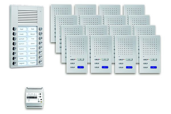 TCS deurbediening audio: pack AP voor 16 wooneenheden, met buitenpost PES 16 belknoppen, 16x handsfree luidspreker ISW3030, bedieningseenheid, PPAF16-EN/02