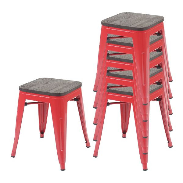 Mendler set van 6 krukken HWC-A73 incl. houten zitting, metalen kruk kruk, metaal industrieel design, stapelbaar, rood, 70400+70774