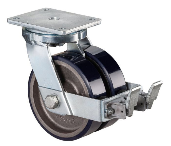 BS-wielen Zwaar dubbel zwenkwiel met wiel/slot, B2x40 mm, Ø100 mm, tot 580 kg, polyurethaan gegoten 78 Shore A, gegoten lichaam, kogellager, S120.C11.100