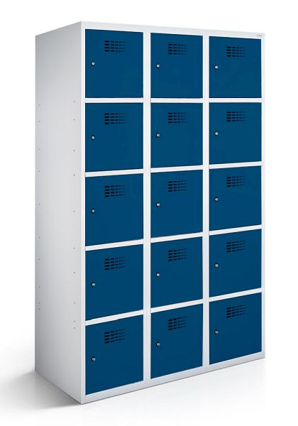 KEMMLIT lockerkast met 3 vakken en 15 deuren 40cm met gesloten bodem, gentiaanblauw 5010, draaibare sluiting, 100723