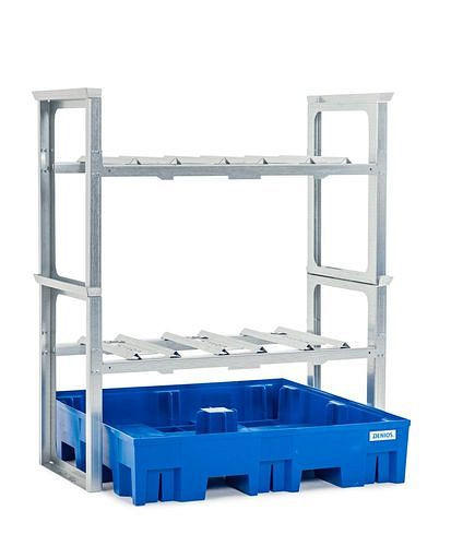 DENIOS vatenrek voor 6 vaten van elk 60 liter, met kunststof bak, 1429 x 1235 x 1637 mm, 291-788