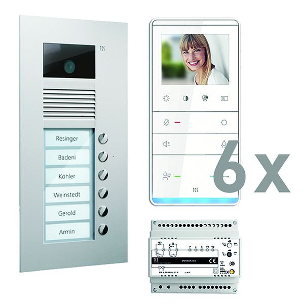 TCS deurbediening video: pack UP voor 6 wooneenheden, met voordeurstation AVU 6 belknoppen, 6x video handsfree luidspreker IVW5111, bediening, PVU17060-0010