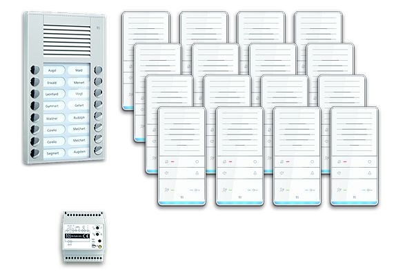 TCS deurbediening audio: pack AP voor 16 woonunits, met buitenstation PES 16 belknoppen, 16x handsfree luidspreker ISW5031, bedieningsunit BVS20, PAAF162/001