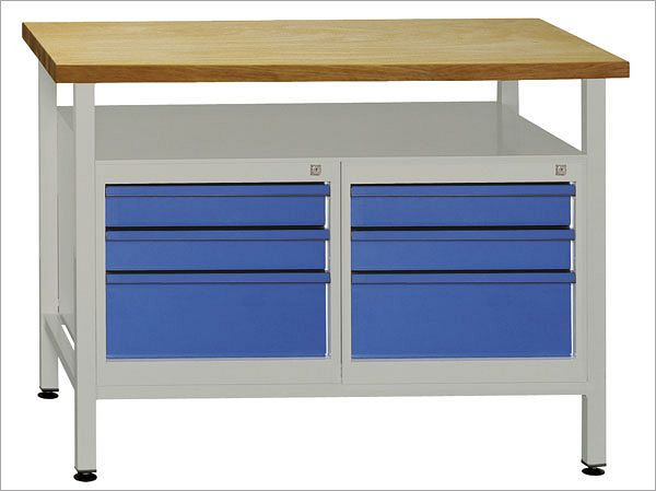 ADB werkbank 6 laden en plank, afmetingen: 1200x600x840mm (BxDxH), kleur werktafel: grijs, RAL 7035, kleur deur/lade: lichtblauw (RAL 5012), 41930