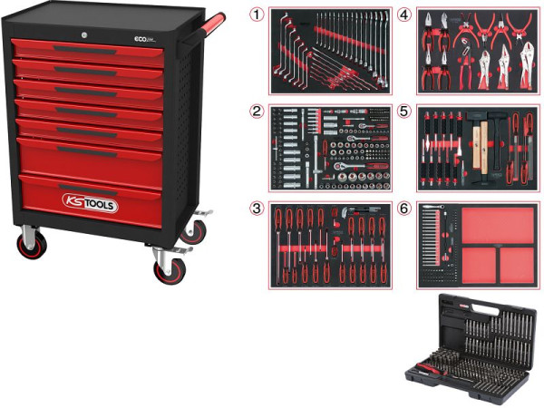 KS Tools ECOline ZWART/ROOD werkplaatswagen met 7 laden en 598 premium gereedschap, 897.7598