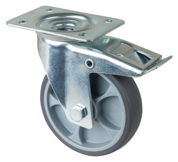 BS rollen transportrol met rem, breedte 32 mm, Ø125 mm, tot 120 kg, thermoplast grijze banden, kunststof, kogellagers, plaat, LS420.A85.127