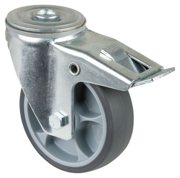 BS rollen transportwiel zwenkwiel met rem, grijs thermoplastisch rubberen wiel, rollager, diameter: 100 mm, VE = 4 stuks, L121.B44.101