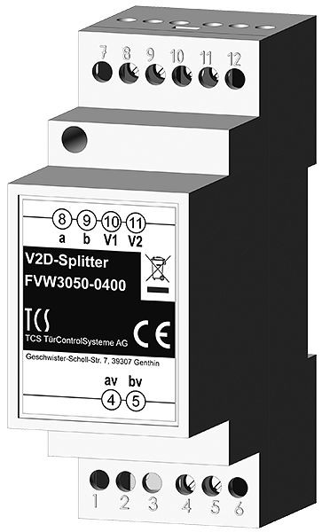 TCS adapter voor het splitsen van het video 2-wire:BUS systeem av en bv naar a, b, V1 en V2, FVW3050-0400
