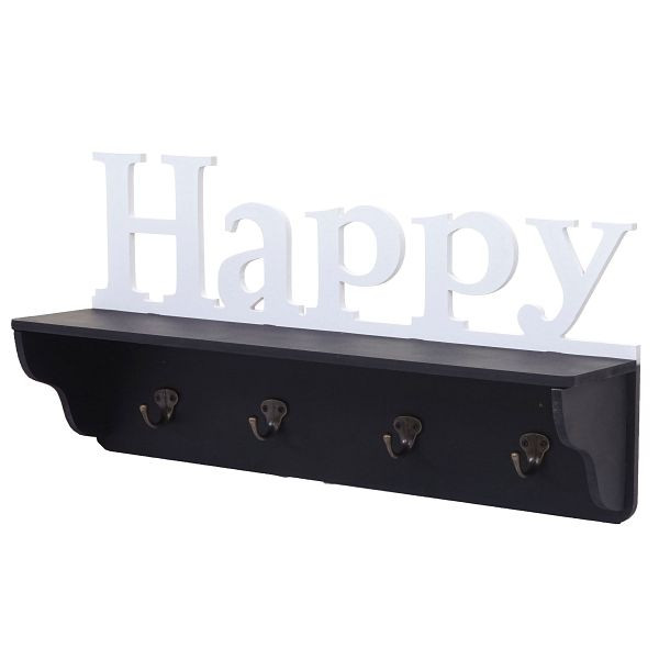 Mendler wandkast HWC-D41 Happy, garderobeplank, 4 stevige haken 30x60x13cm, zwart/wit, 62807